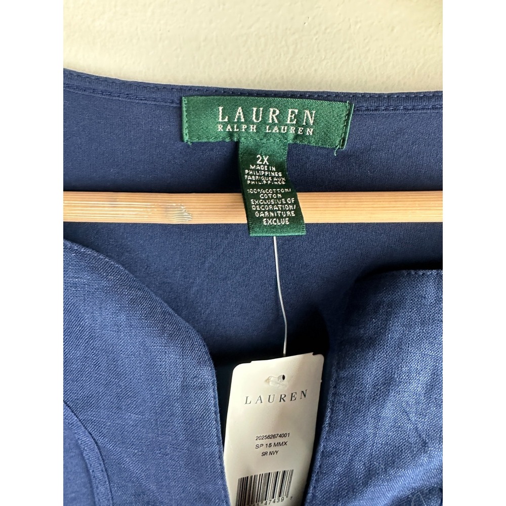 NEW Lauren Ralph Lauren Split Neck 3/4 Sleeve Cotton Top Navy Plus Size 2X - Picture 7 of 10